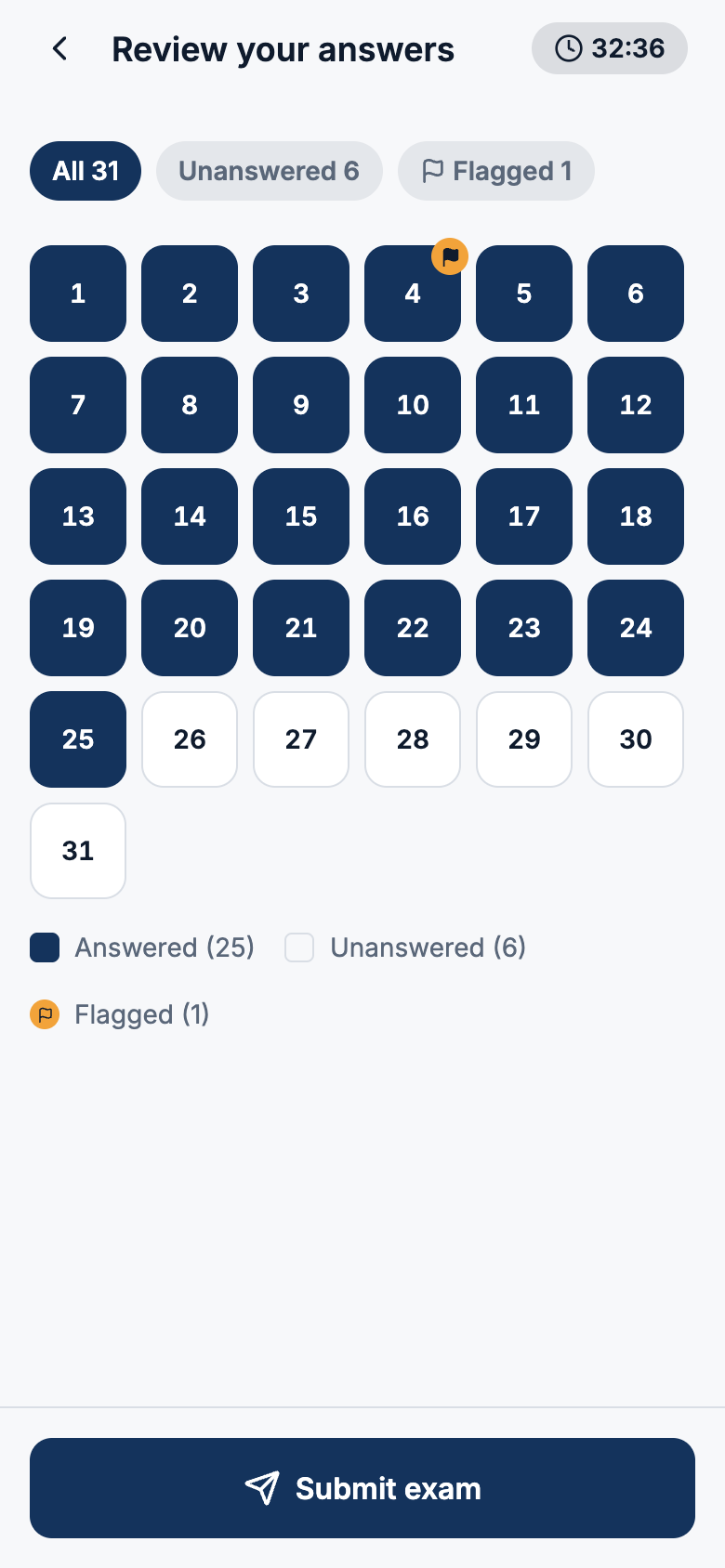 Passbinder mock exam review grid with answered, unanswered and flagged questions